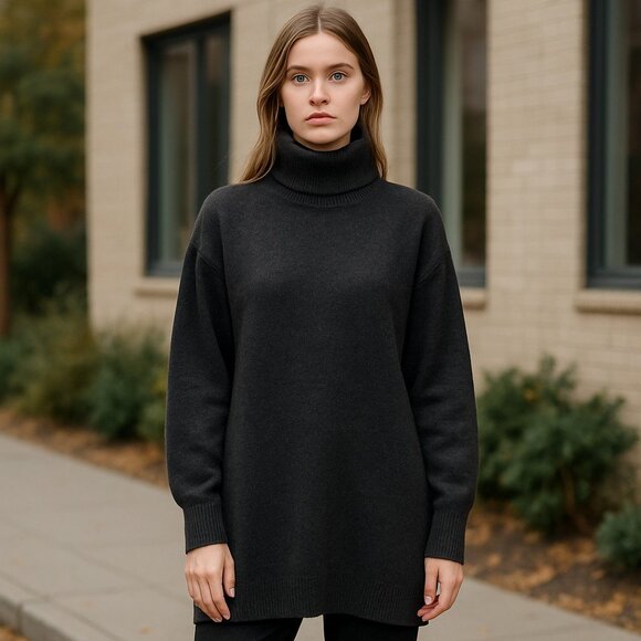 NWOT H&M Knit Turtleneck Sweater Wool Blend Dark gray melange XS Oversized - Picture 1 of 6